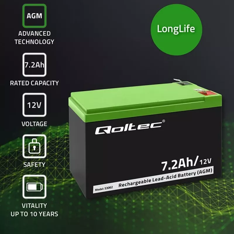 Qoltec 53062 Bateria AGM | 12V | 7,2 Ah | max 108A