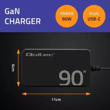 Qoltec 90W GaN Super Fast SLIM Ładowarka ścienna | XP | 5-20V | 4,5A | USB-C 3.1 | Laptop | MacBook | Smartfon | + kabel