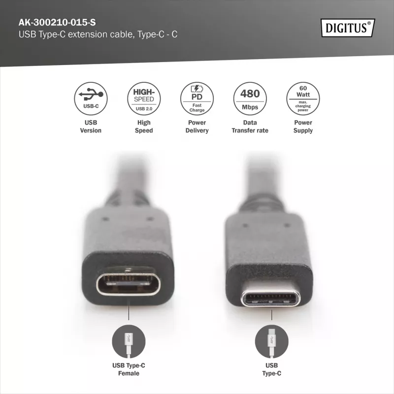 Przedłużacz USB typu C Digitus AK-300210-015-S