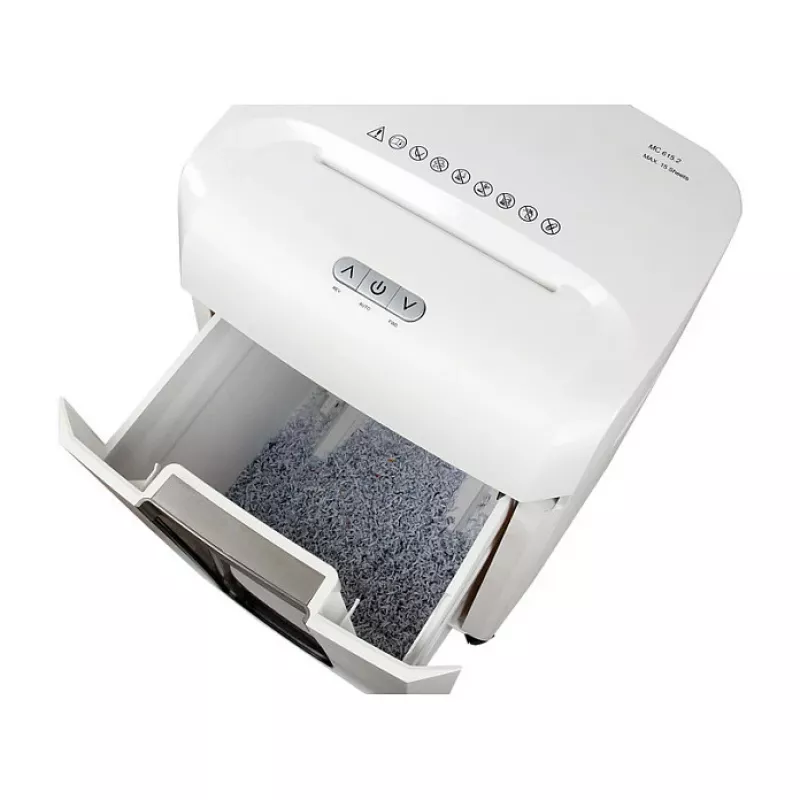Niszczarka do papieru Olympia MC 615.2 — Mikrocięcie P-5, podawanie 22 cm, pojemność 15 arkuszy, 65 dB, biała