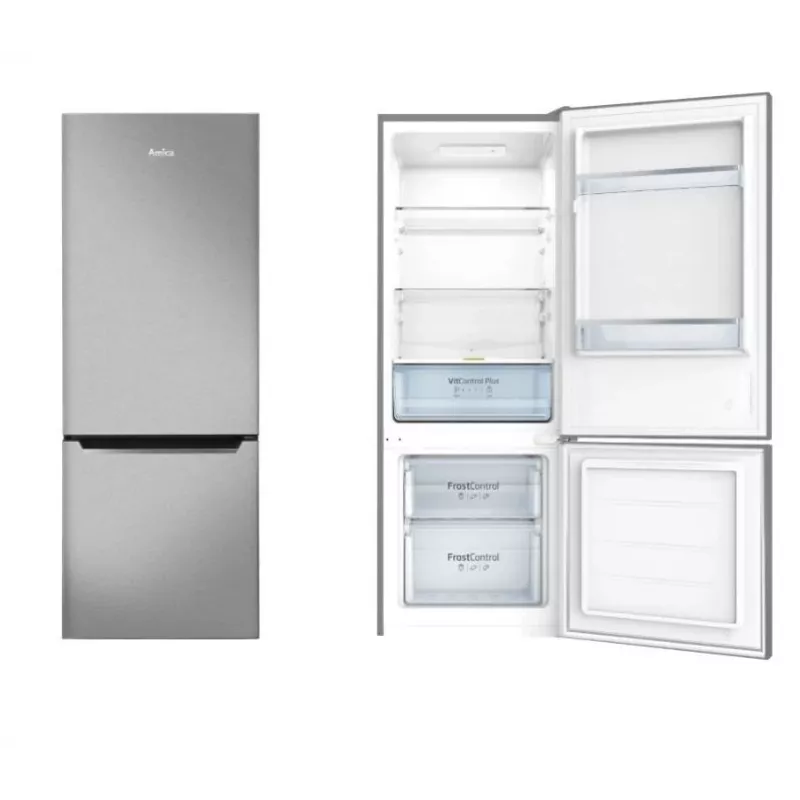 Wolnostojąca lodówko-zamrażarka AMICA KGCL 384 160 E, całk. 205 l, lodówka 153 l, zamrażarka 52 l, zamrażalnik dolny, stal nierdzewna