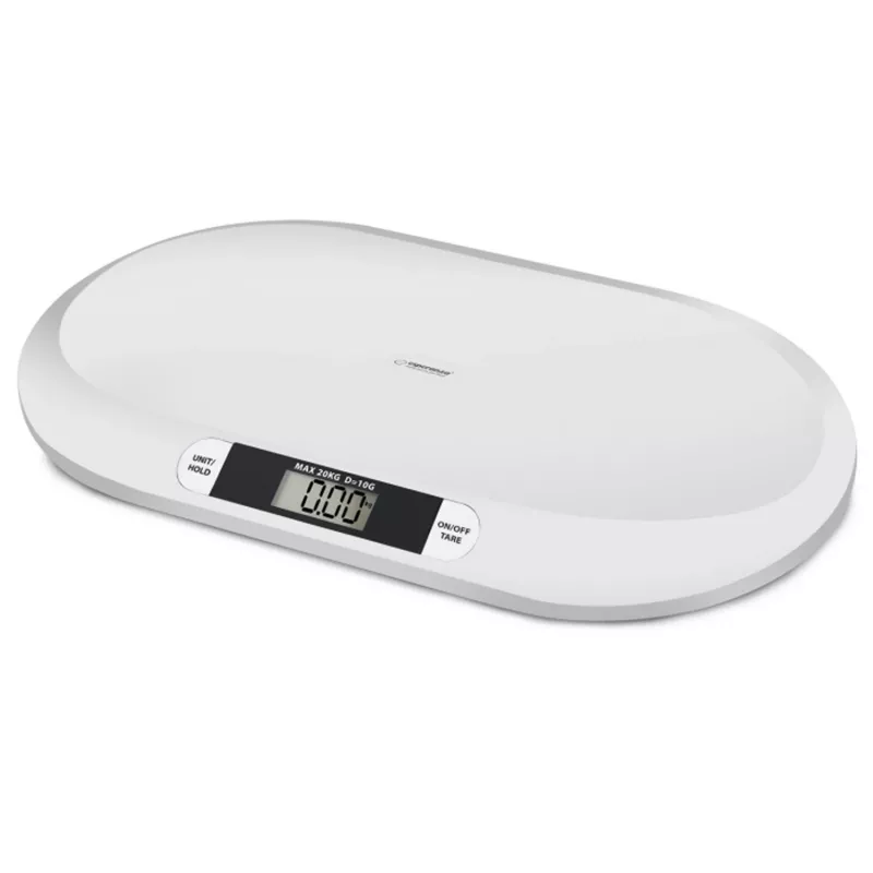 Elektroniczna waga niemowlęca ESPERANZA EBS019 — zakres ważenia 0,03–20 kg, podziałka 0,01 kg, duży wyświetlacz LCD 60×25 mm, biała