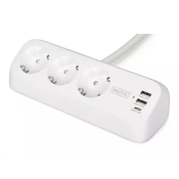 Listwa zasilająca DIGITUS 3-drożna z 2×USB-A i 1×USB-C, 3 gniazda AC typu E/F, kabel 1,5 m, biała