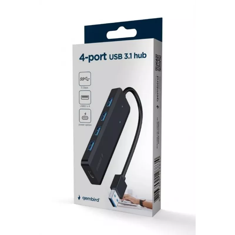 Koncentrator USB Gembird 4-portowy USB 3.1 (Gen 1) — 4 porty, USB 3.2 Gen 1 Type-A, 5V/2.1A, 109×30×10 mm, czarny
