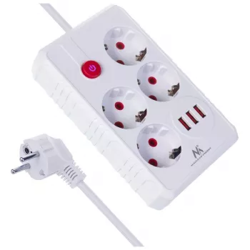 Listwa zasilająca MACLEAN MCE392 W — 4 gniazda F, 3×USB A, 110–240V, maks. 2.1A, 2500W, kabel 1,5 m, biała