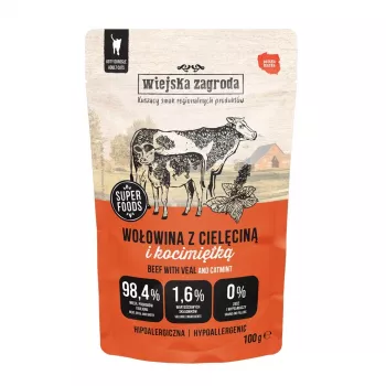 Mokra karma dla kota wiejskazagroda Wołowina z Cielęciną i Kocimiętką Dorosłe koty 100 g, 75% wilgotności, 10,8% białka, 9% tłuszczu