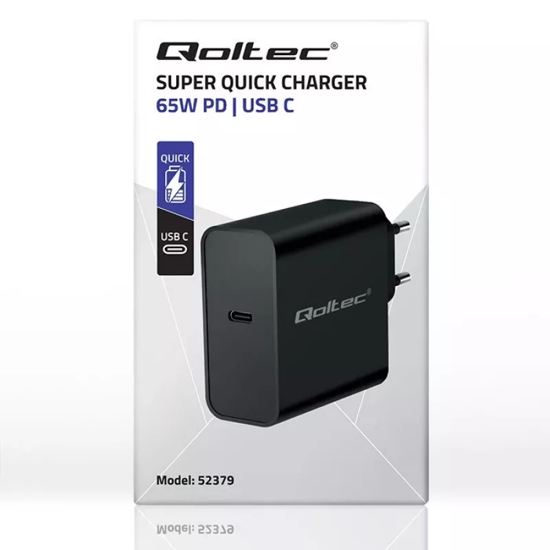Ładowarka QOLTEC Super Quick PD 65W USB-C Power Delivery 5–20V, 1x USB-C, USB PD 3.0, wtyczka typu C, 65 W