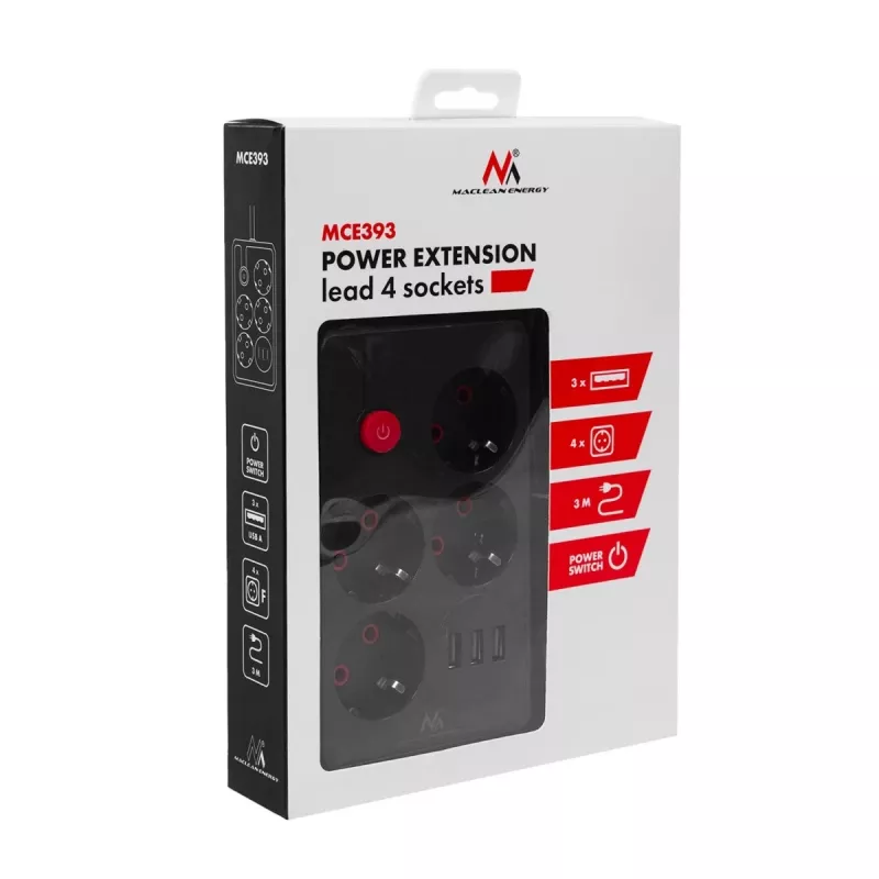 Listwa zasilająca MACLEAN MCE393 B — 4 gniazda, 3×USB, 110–240 V, 2500 W, kabel 3 m, czarna