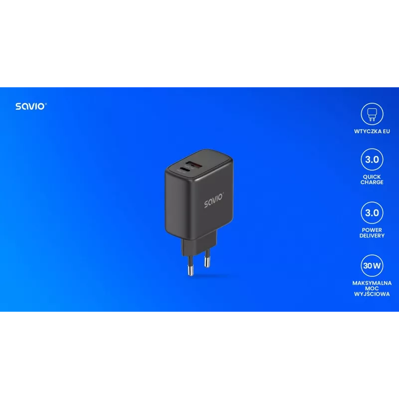 Ładowarka zewnętrzna SAVIO LA-06/B USB Type-C 30W Power Delivery 1x USB-C Czarny, 5–20V, 3A/9V, 3A/5V, 3A/12V, 2.1A