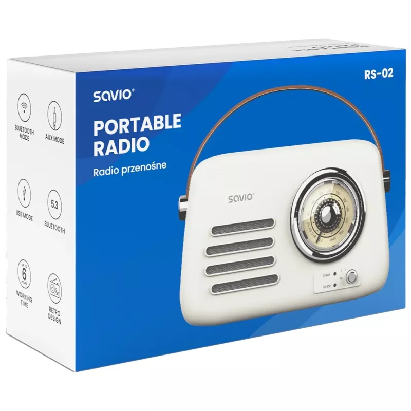 Radio przenośne SAVIO RS-02 — analogowy tuner FM, Bluetooth 5.3, zasilanie USB, 3 W, biały