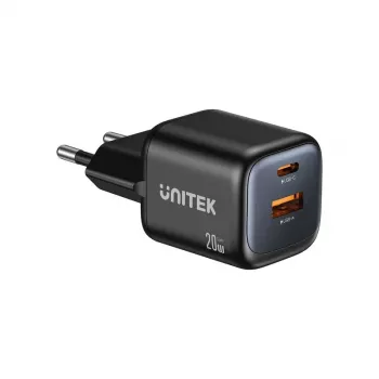 Ładowarka sieciowa Unitek P1128ABK01-EU — 2-portowa GaN USB‑C i USB‑A, łączna moc 20 W, czarna