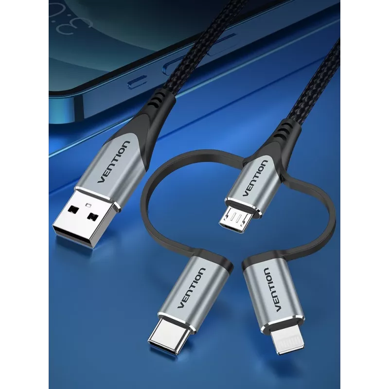 Kabel Vention USB 2.0 A męski do 3-w-1 Micro-B&USB-C&Lightning męski 1M szary stop aluminium typ