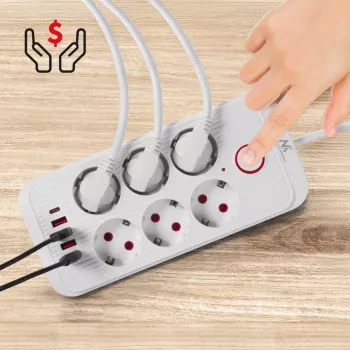 Listwa zasilająca MACLEAN MCE391 W — 6 gniazd, 4×USB-A + 1×USB-C, kabel 3 m, 110–240 V, 2500 W, biała
