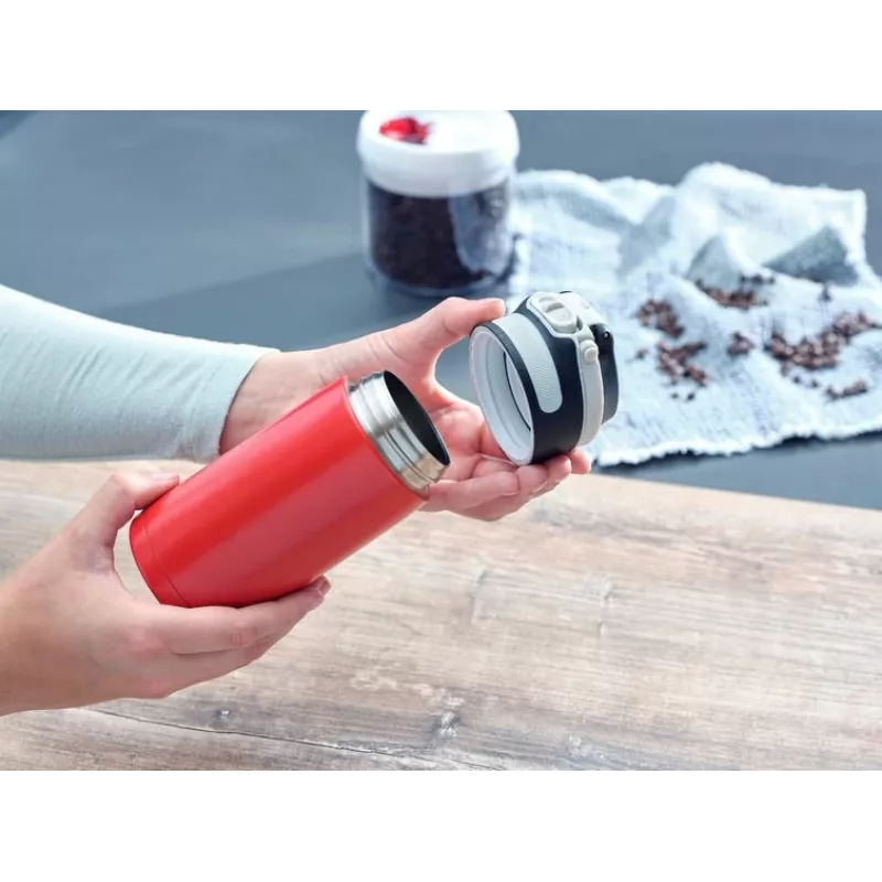 Kubek podróżny Leifheit 03245 stal nierdzewna 350 ml, dwuścienny, szczelny, pokrywa z odchylanym ustnikiem, czarno-czerwony