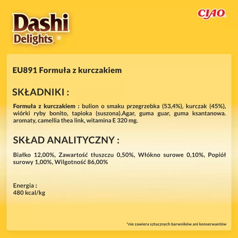 Mokry przysmak dla kota INABA Dashi Delights Delikatne Płatki z Kurczaka 40 g — dietetyczny, 86% wilgotności, 12% białka