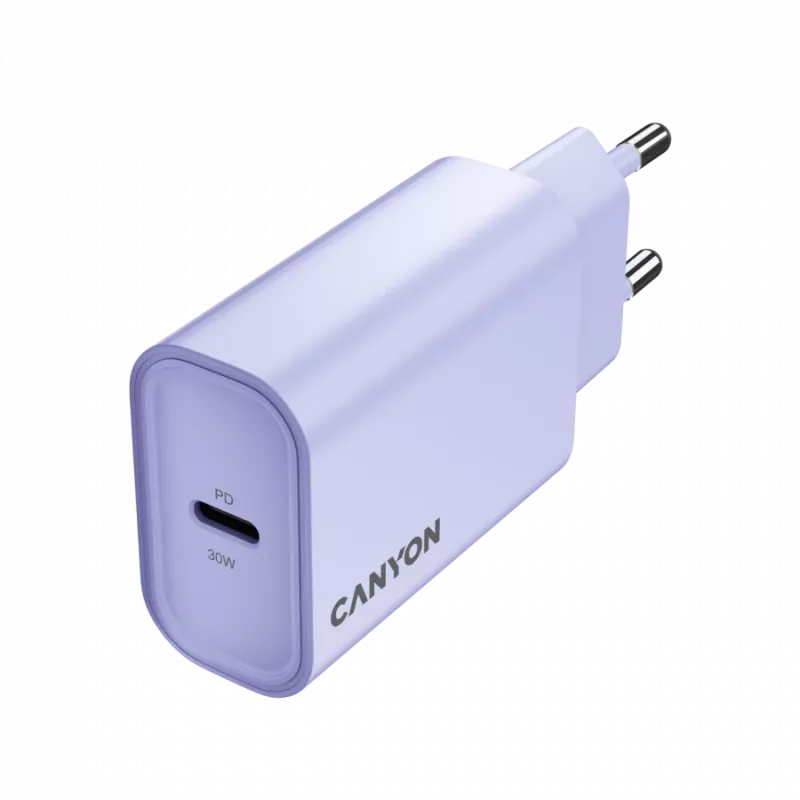 Ładowarka sieciowa CANYON OnCharge 30CL, 30 W USB-C PD, 1 wyjście PD, wtyczka EU, Fioletowa