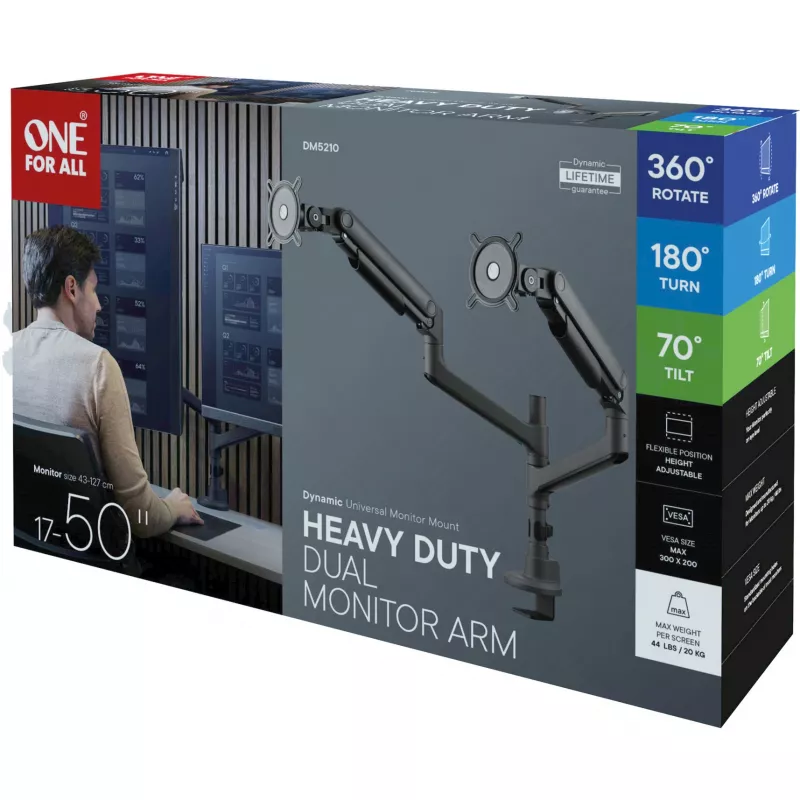 Uniwersalne ramię do monitora o dużym udźwigu DM 5210 Dual Heavy Duty, uchwyt do monitora czarny, do monitorów 43–127 cm (17–50 cali)