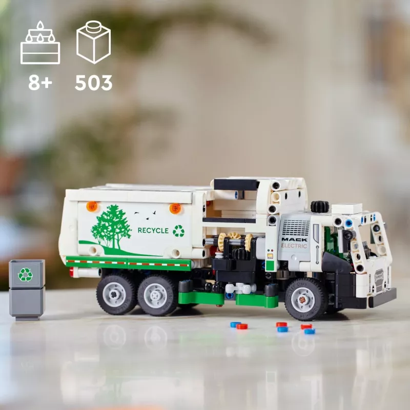 Klocki konstrukcyjne LEGO Technic Mack LR Electric Garbage Truck 42167 — 503 elementy, z napędem, wymiary 230×80×90 mm
