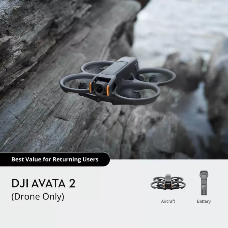 Dron DJI Avata 2 — maksymalny zasięg 13 000 m, maksymalna prędkość 27 m/s, 4 wirniki, czarny (bez gogli ani kontrolera zdalnego)