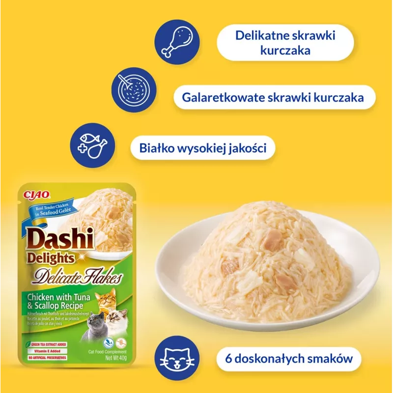 Mokry przysmak dla kota INABA Dashi Delights Delikatne Płatki z Kurczaka 40 g — dietetyczny, 86% wilgotności, 12% białka