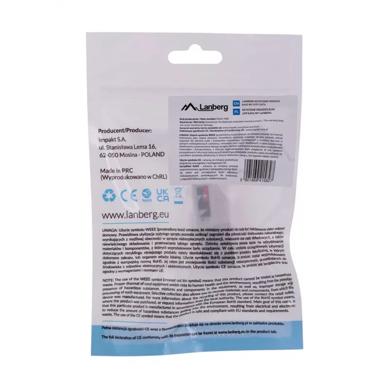 Moduł keystone LANBERG KSU6-1090, Cat6 U/UTP płaski, RJ-45 męski do LSA żeńskiego, AWG 22/26, 14.5×16.1 mm, biały