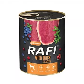 Mokra karma dla psa dolina noteci Rafi Dog z kaczką, jagodami i żurawiną 800 g, białko 9%, tłuszcz 7%, wilgotność 78%