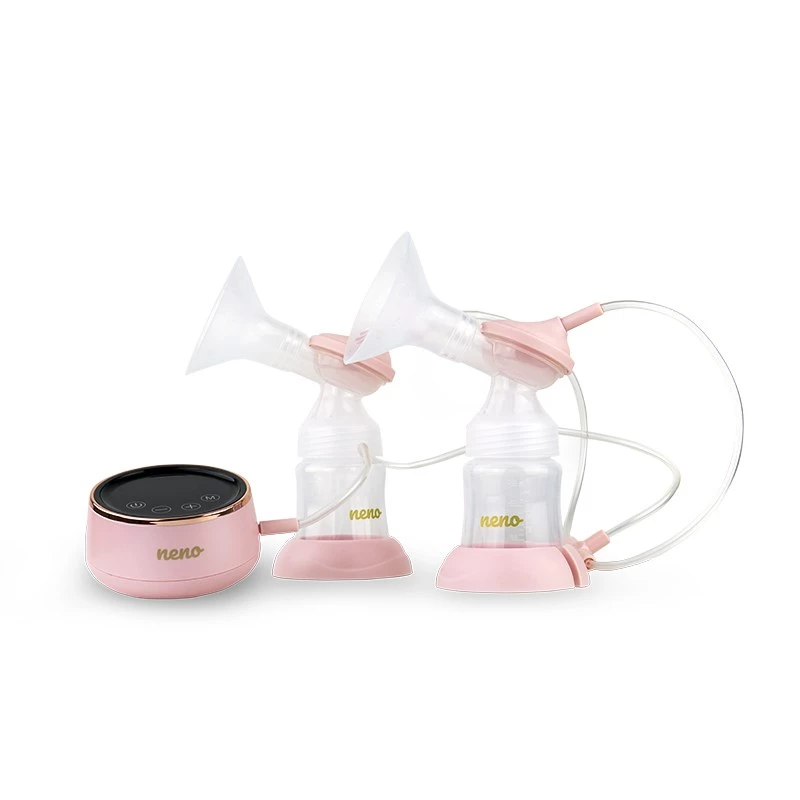 Elektryczny laktator neno Bella Twin — elektroniczny, butelki 150 ml, 6 poziomów stymulacji / 9 poziomów ssania, bateria litowo-jonowa USB, różowy/przezroczysty