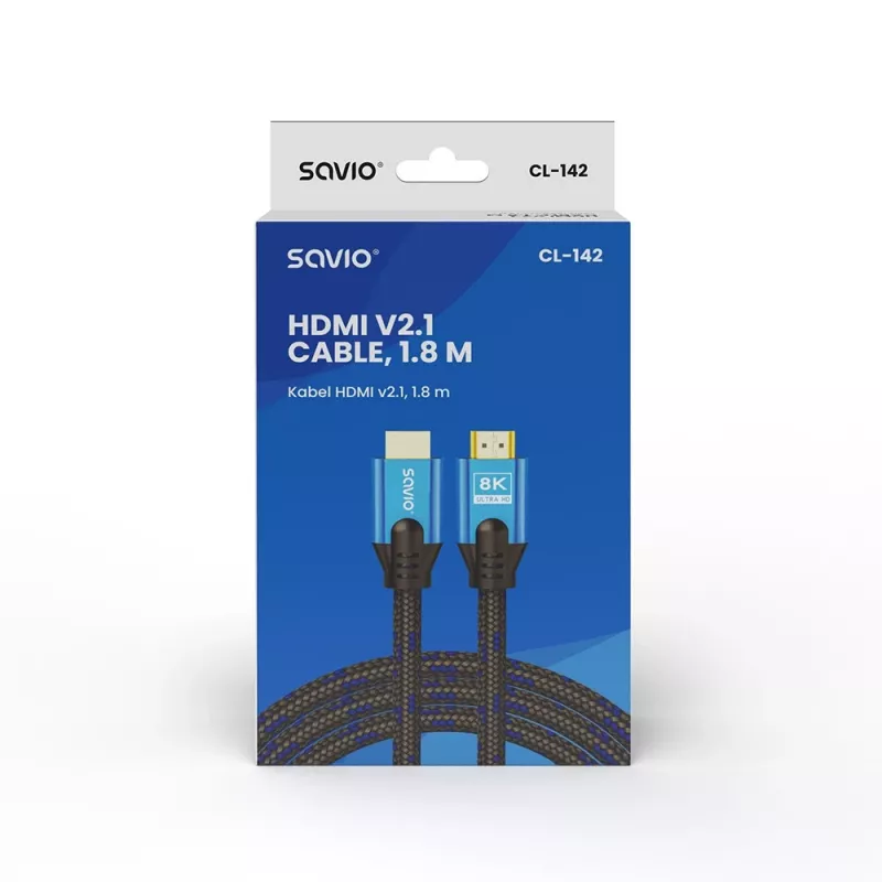 Kabel HDMI Savio CL-142 v2.1 1,8 m, HDMI Typu A męski–męski, pozłacane styki, czarny/niebieski