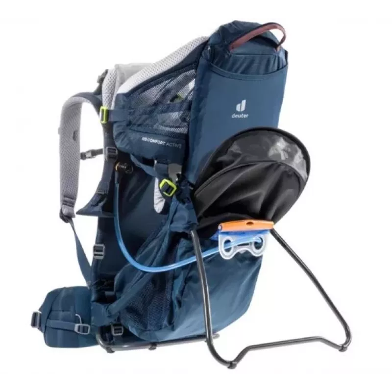 Plecak do noszenia dziecka DEUTER Kid Comfort Active — niebieski, poliamid, do 22 kg, daszek przeciwsłoneczny, podnóżek, VariQuick, Lite Air