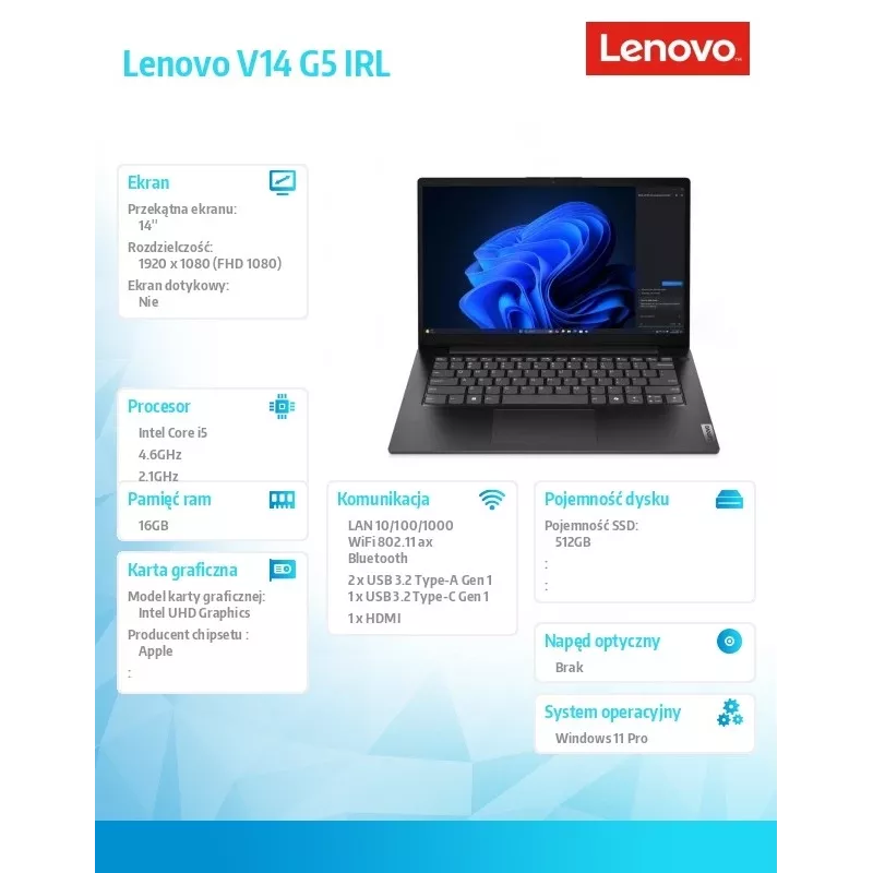 Laptop Lenovo V14 G5 83GU008FPB — Intel i5-13420H, 16 GB RAM, 512 GB SSD, 14,0 cala FHD, Windows 11 Pro, Business Czarny, 3 lata na system operacyjny + 1 rok CI