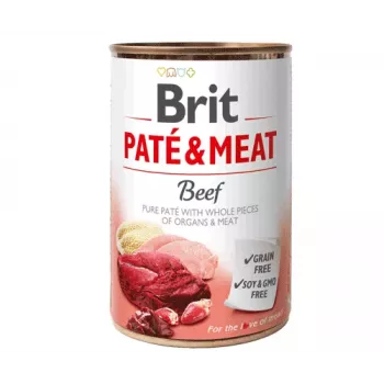 Mokra karma dla psa Brit Paté & Meat z wołowiną 400 g — karma mokra dla dorosłych psów, puszka 400 g, wilgotność 75%, białko 11%, bez glutenu i laktozy