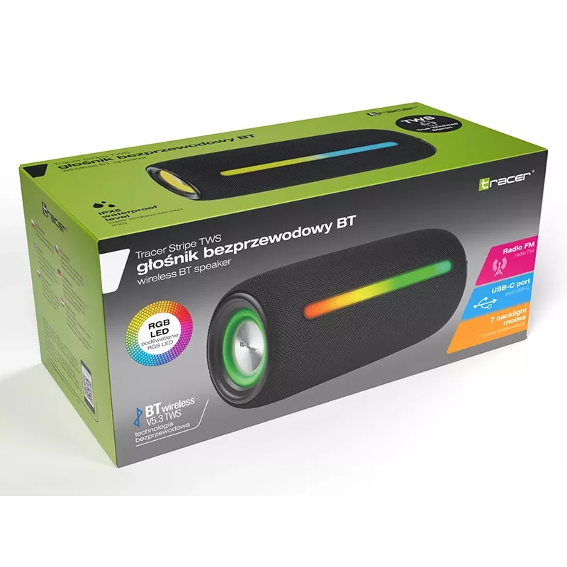 Przenośny głośnik stereo TRACER Stripe Czarny — 10 W RMS, Bluetooth/przewodowy, USB-A i USB-C, MicroSD, wbudowany akumulator (do 5 h)