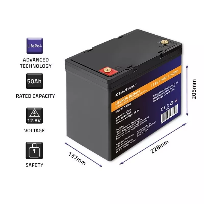Akumulator LiFePO4 QOLTEC 12,8 V 50 Ah (model 53704) do zasilania awaryjnego i magazynowania energii