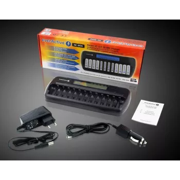 Ładowarka akumulatorów everActive NC-1200 — uniwersalna ładowarka na 12 akumulatorów AA/AAA, wejście 12 V, czarna