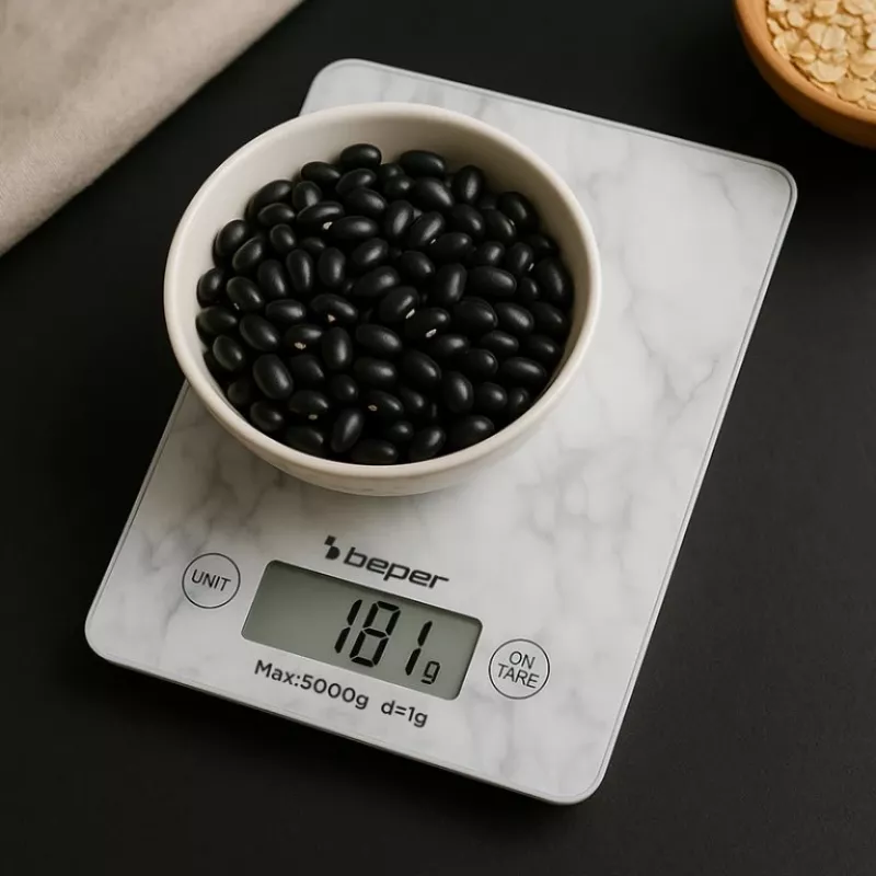 Waga kuchenna Beper P102BIL004 - cyfrowa, 5 kg, 1 g, biały marmur