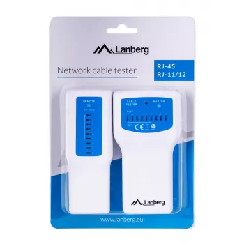 Tester PoE LANBERG NT-0402 — tester kabli sieciowych PoE z obsługą RJ-45/RJ-11, wskaźnikami LED, diodą zasilania, włącznikiem/wyłącznikiem
