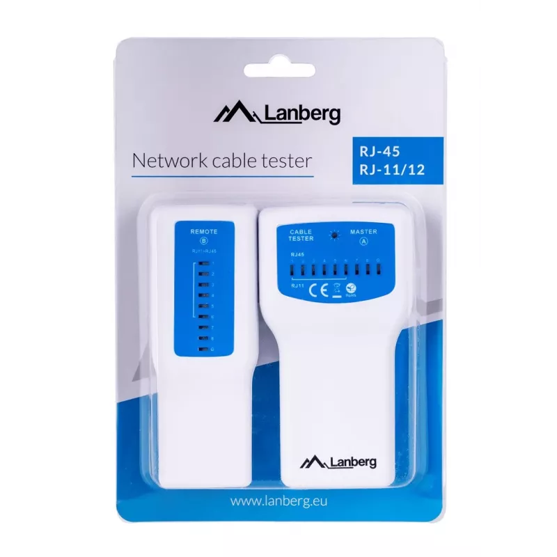 Tester PoE LANBERG NT-0402 — tester kabli sieciowych PoE z obsługą RJ-45/RJ-11, wskaźnikami LED, diodą zasilania, włącznikiem/wyłącznikiem