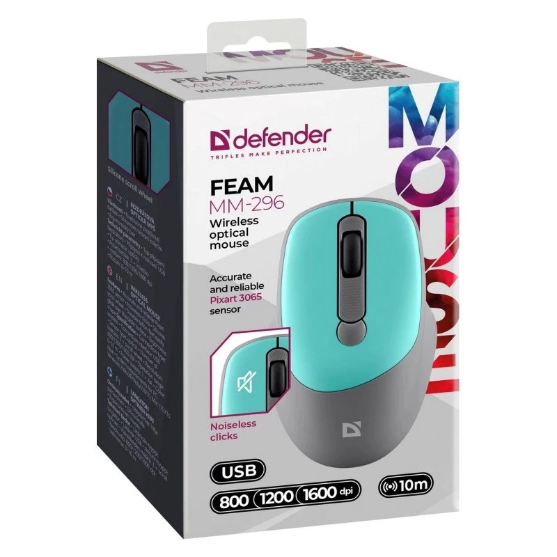 Mysz bezprzewodowa DEFENDER Silent Click C Mint 52294 — symetryczna, 1600 DPI, nano USB 2.4 GHz