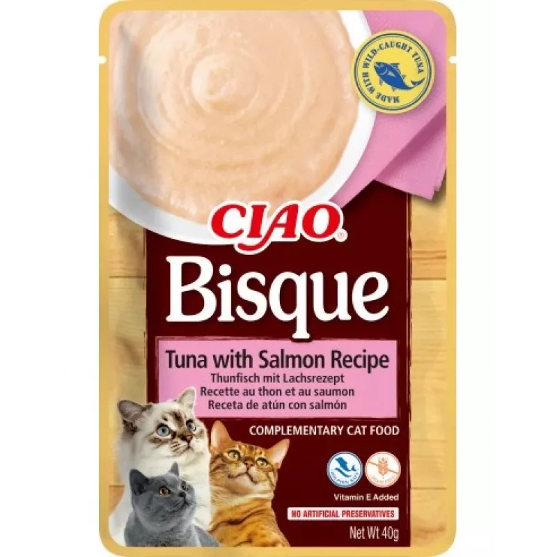 Mokry przysmak dla kota INABA Ciao Bisque Tuna with Salmon 40 g — saszetka z płynem o smaku rybnym, 86% wilgotności, 8% białka