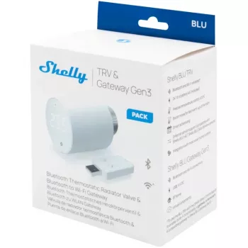 Zestaw termostatycznego zaworu grzejnikowego Shelly Heating Control BLU TRV + BLU Gateway Gen. 3 — M30×1,5, Wi‑Fi, baterie AA, wysokość 78 mm