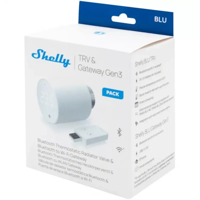 Zestaw termostatycznego zaworu grzejnikowego Shelly Heating Control BLU TRV + BLU Gateway Gen. 3 — M30×1,5, Wi‑Fi, baterie AA, wysokość 78 mm
