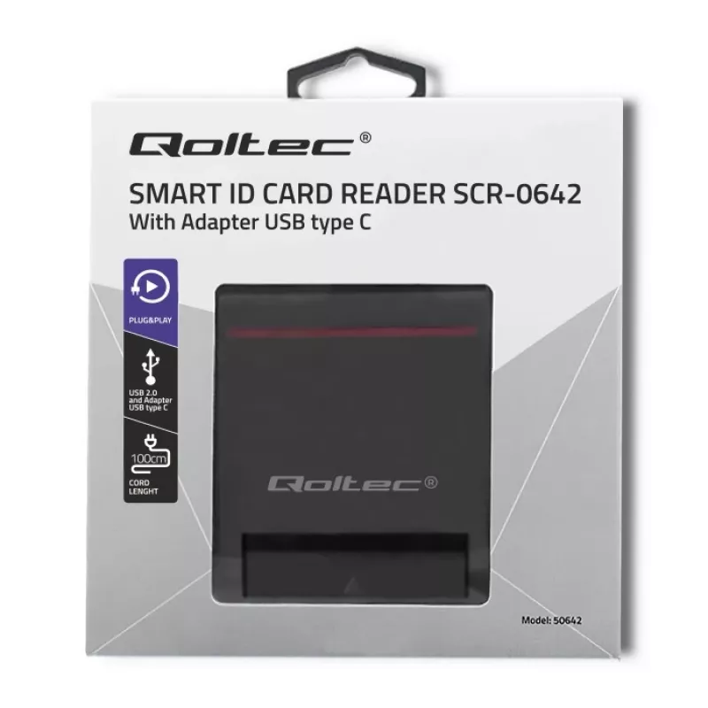 Czytnik kart ID QOLTEC Smart chip — USB, czarny, 84,5×65×16 mm, 63 g