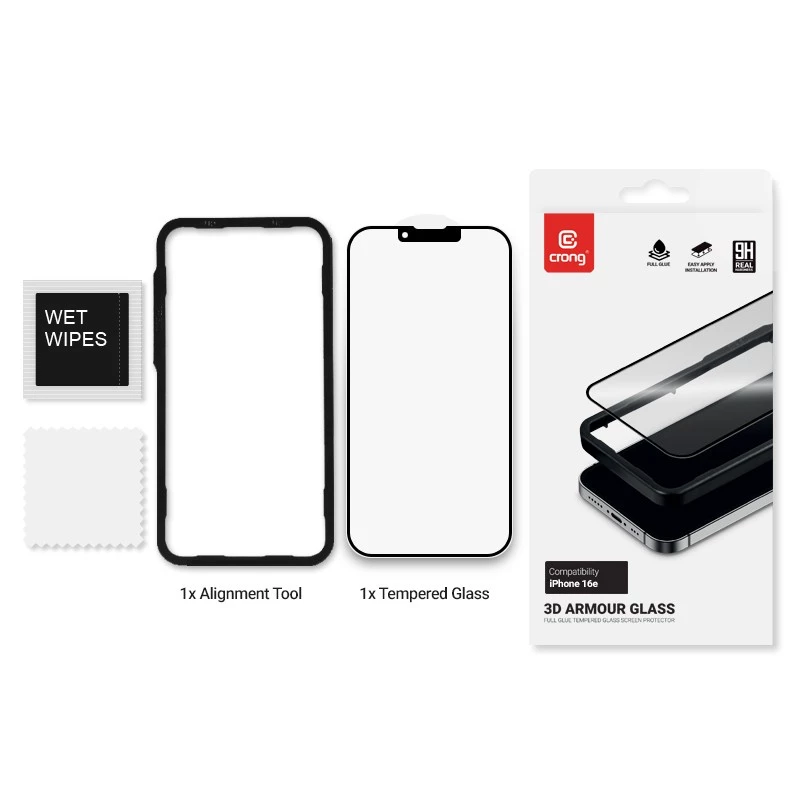 Hartowane szkło ochronne Crong do iPhone’a 16e / 14 / 13 / 13 Pro — pełne pokrycie 3D