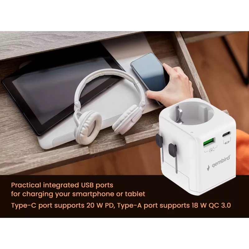 Uniwersalna ładowarka podróżna GEMBIRD TPA-EU1A1C20-01-W 20W, USB-A 18W + USB-C 20W, gniazdo Schuko, wejście 100–250V