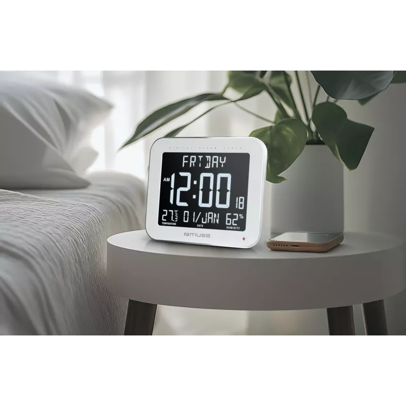 Cyfrowy zegar ścienny/stoisko muse M-090 WMC — prostokątny LCD, 220×177,5×24,5 mm, baterie/DC 4,5 V