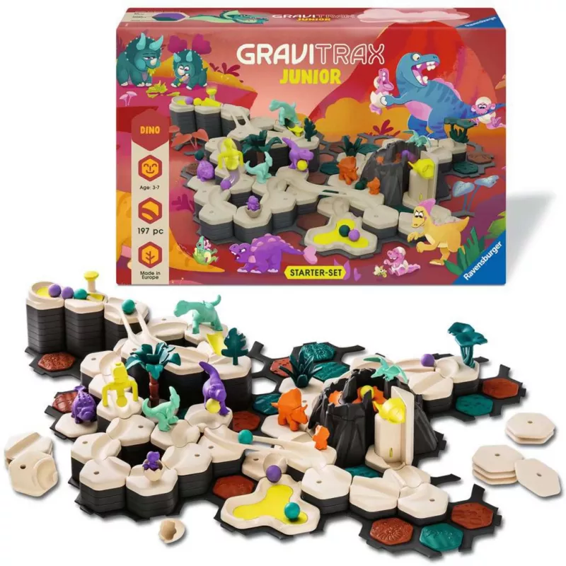 Tor kulkowy Ravensburger GraviTrax Junior zestaw startowy XXL Dino, konstrukcja toru dla dzieci