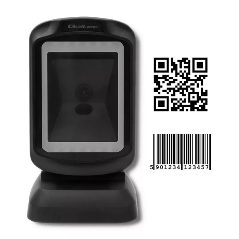 Stały czytnik kodów 1D/2D QOLTEC 50864, czujnik LED, USB przewodowy, czarny, 145×85×80 mm