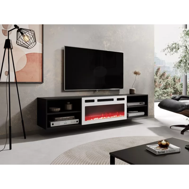 szafka RTV POLO 180x33x39 czarny + kominek biały