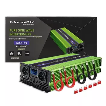 Qoltec Monolith Przetwornica napięcia | Ładowanie akumulatora | UPS | 2000W | 4000W | 12V na 230V | Czysty sinus | LCD czarno-zielony