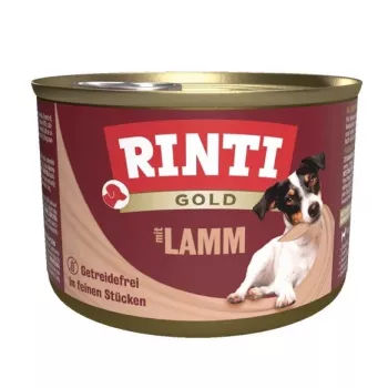 Mokra karma dla psów RINTI Gold Lamb 185 g — pełnoporcjowa konserwa dla dorosłych psów, 79% wilgotności, 10% białka, 8% tłuszczu